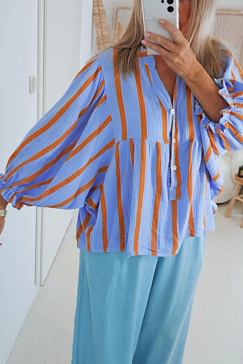 Stripe Crinckled Ruffled Sleeve Button up Loose Shirt